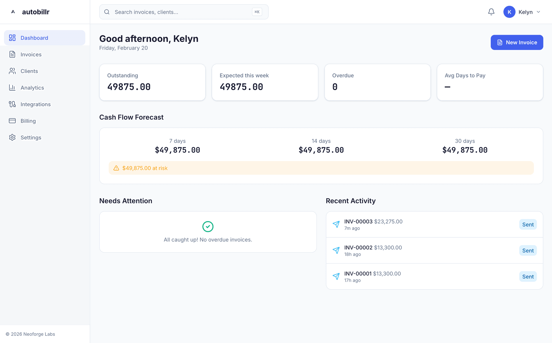 Autobillr dashboard showing cash flow forecast, outstanding invoices, and recent activity